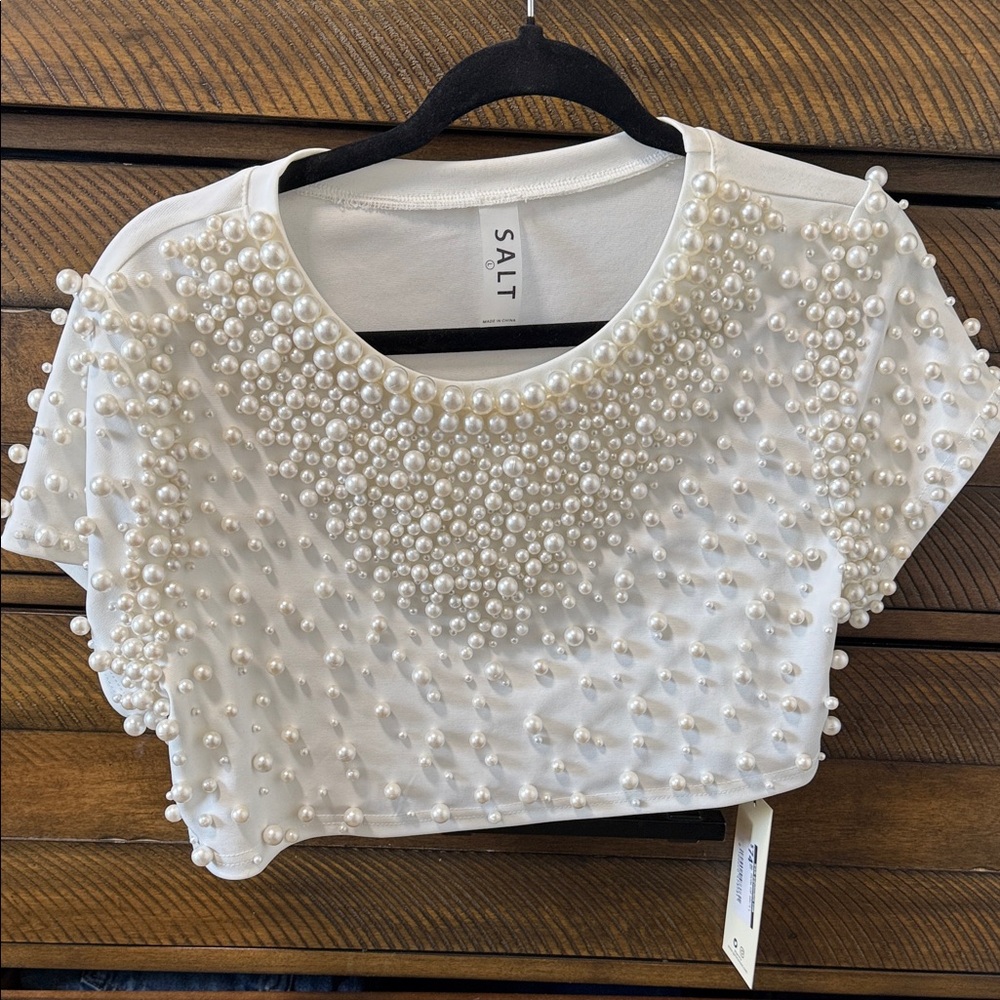 Women's White Pearl Embellished Crop Top